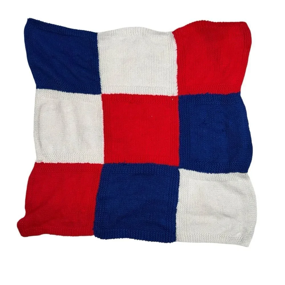 Handmade Patchwork Knit Throw Blanket Red, Blue & White 42” inches square